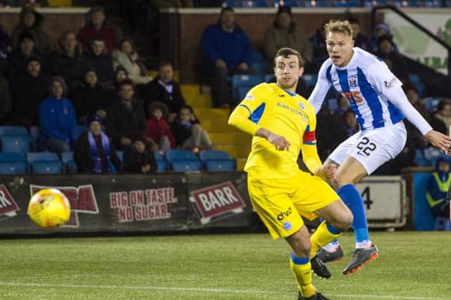 Lee Erwin fires Kilmarnocks second goal in their 2-0 victory over St Johnstone at Rugby Park last night. Picture: SNS.