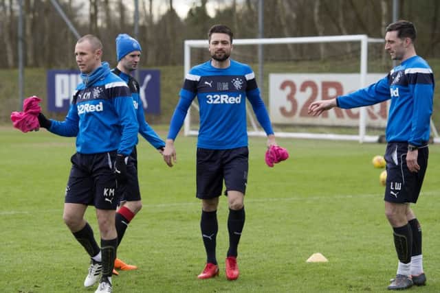 Russell Martin takes part in a training session at Auchenhowie, but the defender is a doubt for the Old Firm showdown. Picture: SNS Group