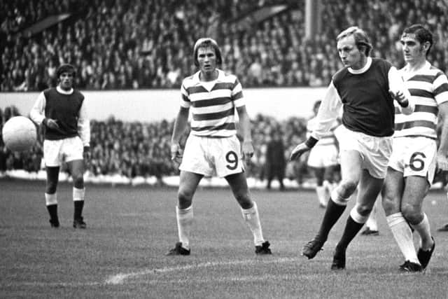 Hibs forward Alan Gordon gets between Kenny Dalglish (left) and George Connelly of Celtic in the 1972 Drybrough Cup final. Hibs won 5-3 AET. Picture: SNS Group