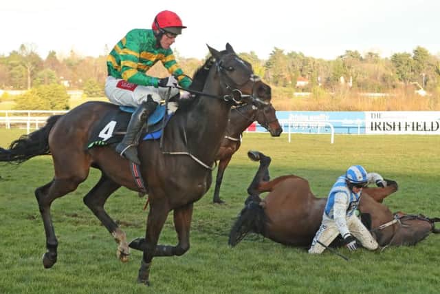Edwulf  and Derek OConnor winning the Irish Gold Cup at Leopardstown. Photograph: Niall Carson/PA