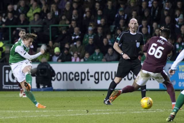 Hibernian's Scott Allan scores the opening goal against Hearts. Picture: Ross Parker/SNS