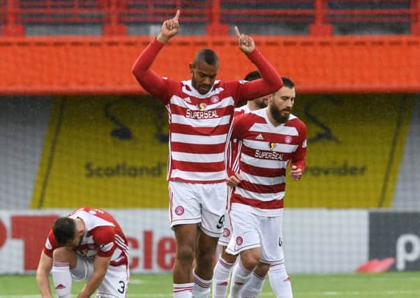 Hamilton's Marios Ogboe celebrates after opening the scoring. Picture: SNS