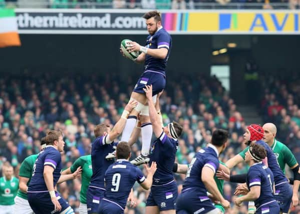 Ryan Wilson catches the ball in a line-out during Scotland's defeat in Ireland. Picture: AFP