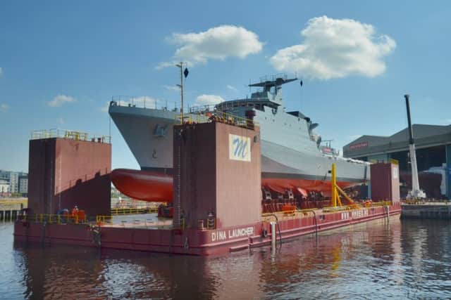 HMS Forth, the first OPV built at Govan, on a barge ready to floated out. Picture: Contributed