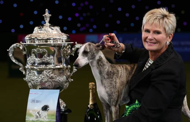 Tease, the Whippet, with owner Yvette Short. Picture: Aaron Chown/PA Wire