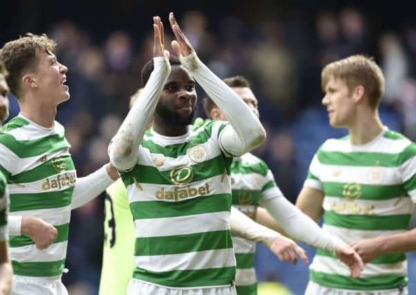 Odsonne Edouard celebrates Celtic's victory at full-time at Ibrox. Picture: SNS
