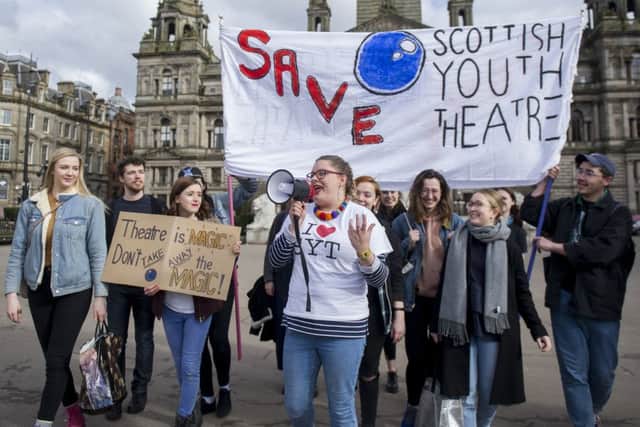 Protests continued yesterday in Glasgow over the closure threat hanging over Scottish Youth Theatre. Picture: John Devlin