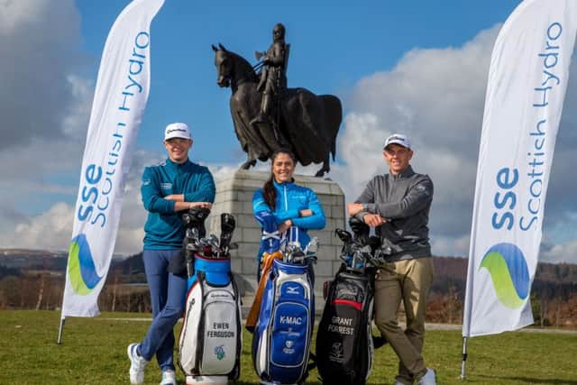 Ewen Ferguson, left, Kelsey MacDonald and Grant Forrest were unveiled as members of Team SSE Scottish Hydro at Bannockburn yesterday. The fourth member of the team, Robert McIntyre, was unable to attend due to illness. Picture: Kenny Smith