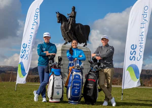 Ewen Ferguson, left, Kelsey MacDonald and Grant Forrest were unveiled as members of Team SSE Scottish Hydro at Bannockburn yesterday. The fourth member of the team, Robert McIntyre, was unable to attend due to illness. Picture: Kenny Smith