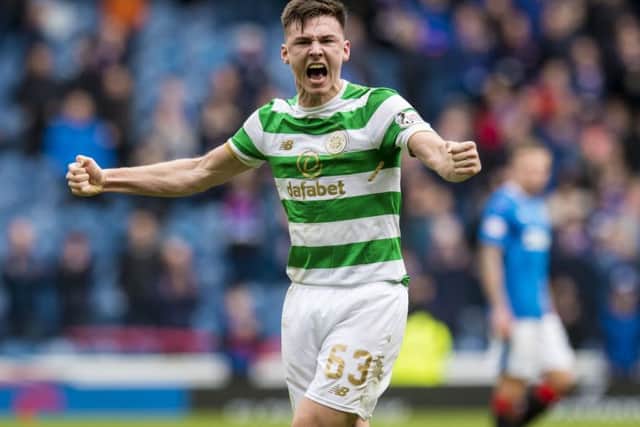 Kieran Tierney celebrates after Celtic defeat Rangers 3-2 at Ibrox. Picture: SNS Group