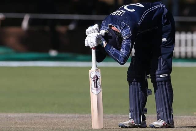 Despair for Michael Leask as his unbeaten 28 wasnt quite enough for Scotland to beat hosts Zimabwe in Bulawayo. Picture: ICC/Getty
