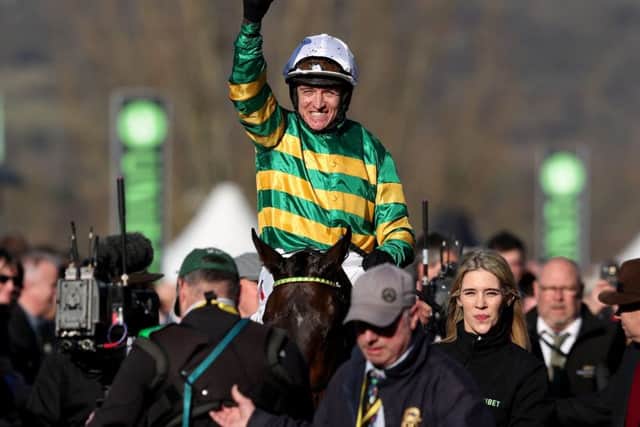 Barry Geraghty punches the air in delight after Buveur D'Air's victory in the Champion Hurdle.