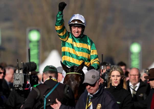 Barry Geraghty punches the air in delight after Buveur D'Air's victory in the Champion Hurdle.