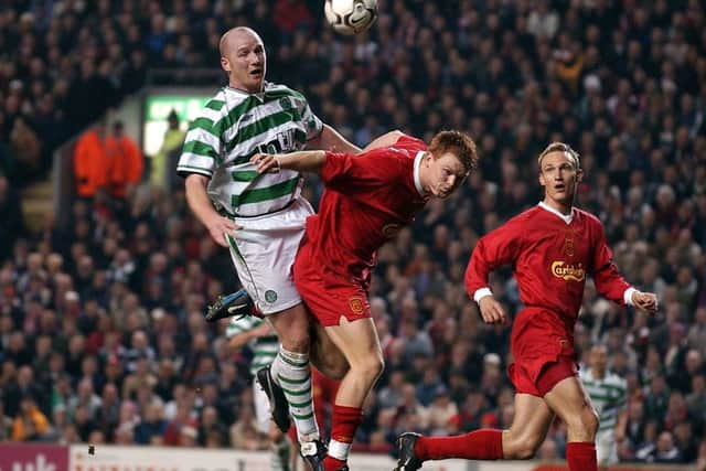 John Hartson of Celtic challenges Liverpool defender John Arne Riise during a UEFA Cup quarter final match in March 2003. Picture: Ian Rutherford