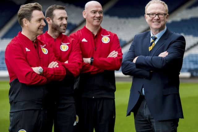 Peter Grant, James McFadden and Stevie Woods join Alex McLeish at Hampden. They've been preparing for Friday's friendly with Costa Rica. Picture: Craig Williamson/SNS