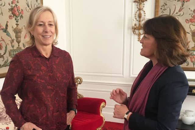 Martina Navratilova speaks to Panorama reporter Jane Corbin about pay for her work as part of the BBCs Wimbledon coverage. Photographer: Steve Anderson