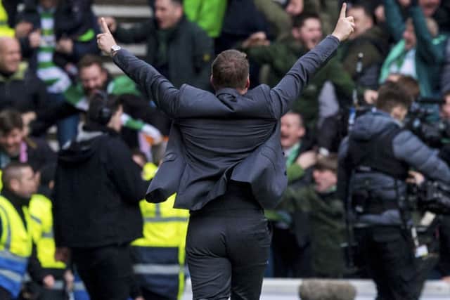 Brendan Rodgers tears down the touchline after Odsonne Edouard's goal in the recent Old Firm clash. Picture: SNS