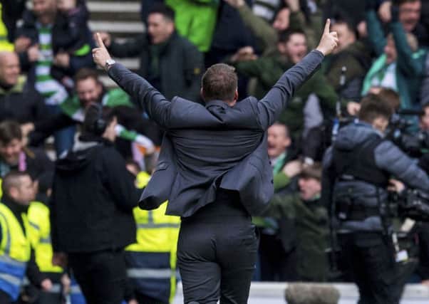 Brendan Rodgers tears down the touchline after Odsonne Edouard's goal in the recent Old Firm clash. Picture: SNS