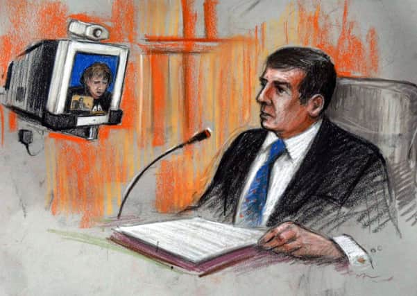 A courtroom artist's impression of a woman giving evidence to a trial via video link. Image: Sky News