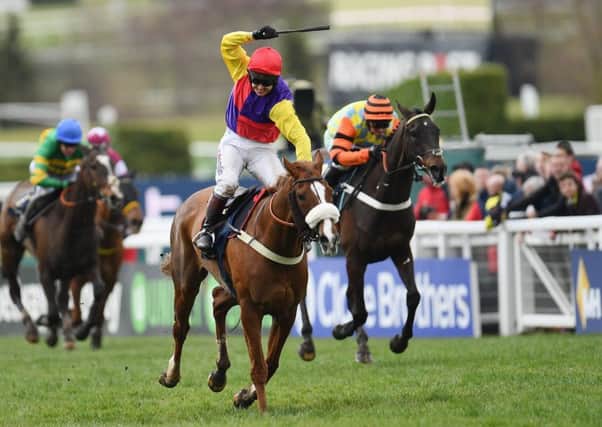 Jockey Richard Johnson punches the air after Native River won the Cheltenham Gold Cup. Picture: Justin Setterfield/Getty Images