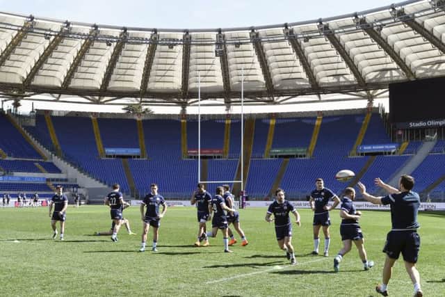Scotland train in the sunshine during the captain's run at the Stadio Olimpico in Rome.
Picture: Ian Rutherford