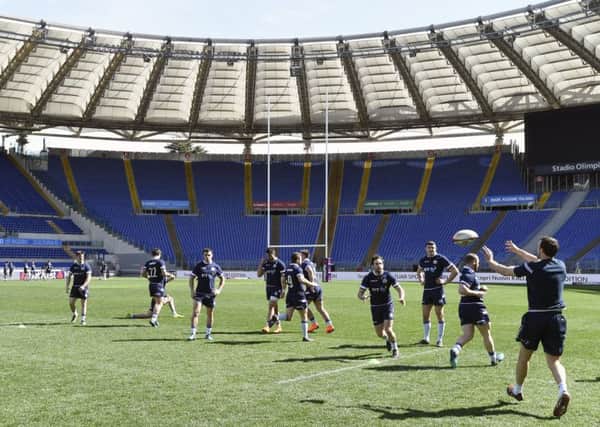 Scotland train in the sunshine during the captain's run at the Stadio Olimpico in Rome.

Picture: Ian Rutherford