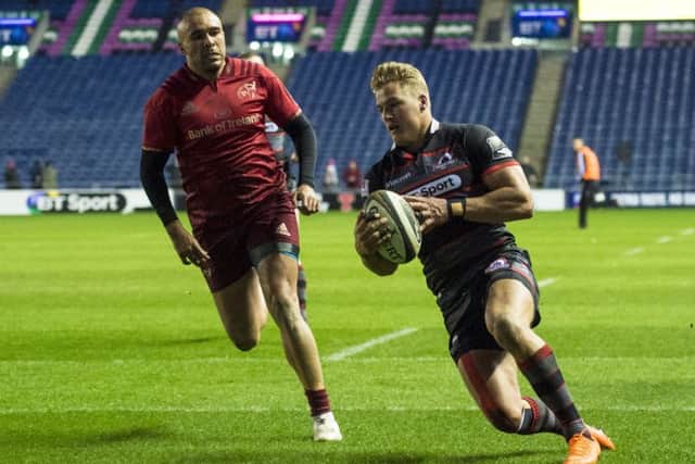 Duhan van der Merwe scores the game's first try at BT Murrayfield. Picture: SNS Group