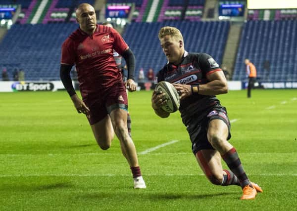 Duhan van der Merwe scores the game's first try at BT Murrayfield. Picture: SNS Group