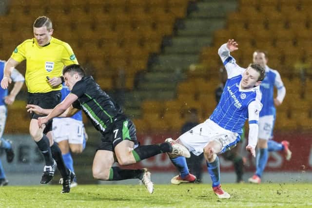 Blair Alston received a yellow card for this foul on John McGinn, but Neil Lennon felt it warranted a red. Picture: SNS Group