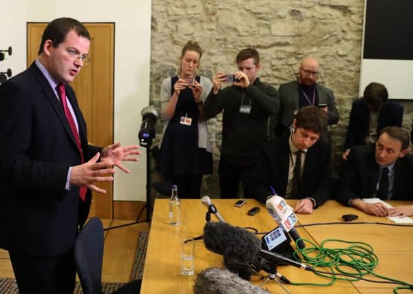 Mark McDonald talks to journalists on his return to parliament as an independent MSP last week. Picture: Andrew Milligan/PA