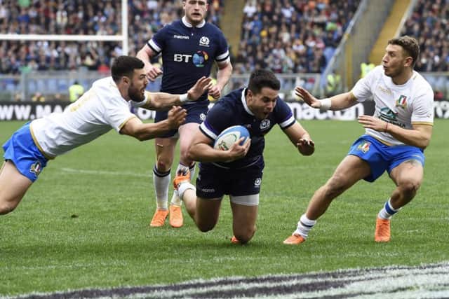 Sean Maitland dives over to score Scotland's third try during the win over Italy in Rome.
Picture: Ian Rutherford