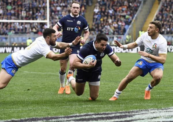 Sean Maitland dives over to score Scotland's third try during the win over Italy in Rome.

Picture: Ian Rutherford