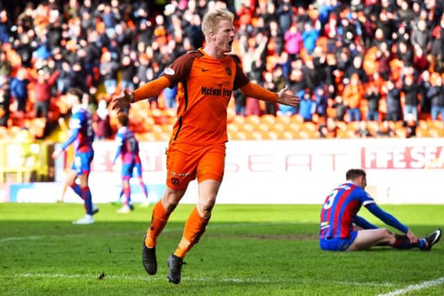 Dundee Utd's Thomas Mikkelsen celebrates after making it 1-1. Picture: SNS/Ross Parker