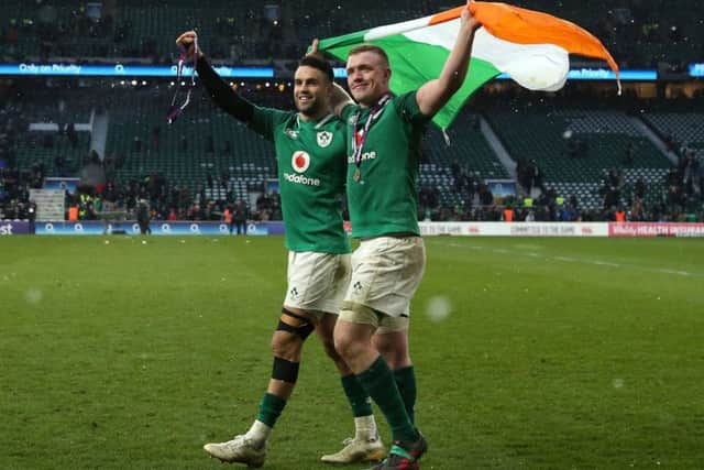 Dan Leavy and Conor Murray celebrate winning the Grand Slam. Picture: PA.