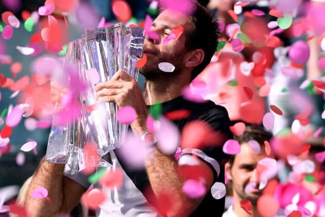 Juan Martin Del Potro celebrates his win over Roger Federer in the Indian Wells final. Picture: Harry How/Getty Images
