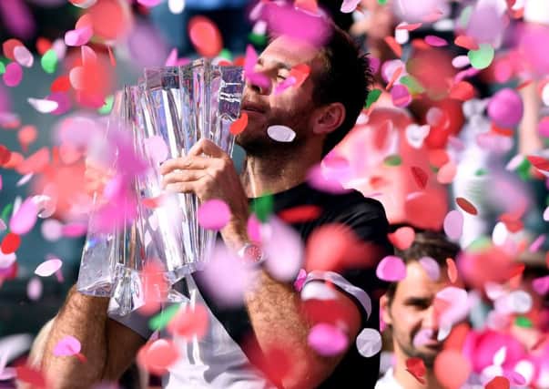 Juan Martin Del Potro celebrates his win over Roger Federer in the Indian Wells final. Picture: Harry How/Getty Images