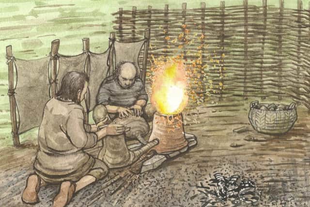 An artist's impression of metalworking at the site where charcoal deposits in a hearth were dated to 1147 to 1260. PIC: Jan Dunbar.