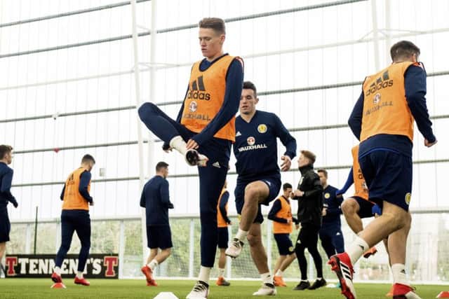 Scott McTominay trains with his Scotland team-mates at the Oriam.