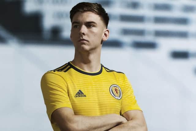 Kieran Tierney shows off the new Scotland away kit. Picture: Scottish FA