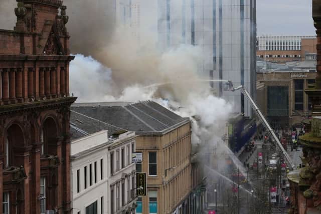 The scene in Glasgow city centre where firefighters tackled a large blaze on Sauchiehall Street. Picture: Jane Barlow