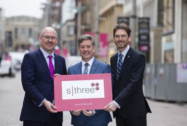 From left, Alex Smith of SThree, Keith Brown MSP and Paul Lewis of Scottish Enterprise. Picture: Martin Shields