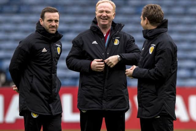 New Scotland manager Alex McLeish, with assistant coaches James McFadden (left) and Peter Grant (right). Picture: Alan Harvey/SNS