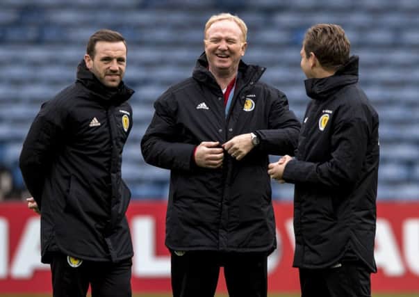 New Scotland manager Alex McLeish, with assistant coaches James McFadden (left) and Peter Grant (right). Picture: Alan Harvey/SNS