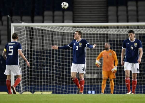 Scotland's defence reacts after going a goal down. Picture: SNS