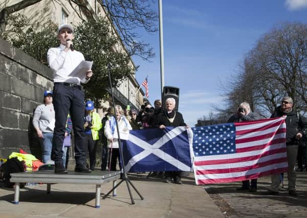 Jack Crozier from Dunblane whose sister Emma was killed at Dunblane primary speaking outside the US Consulate in Edinburgh