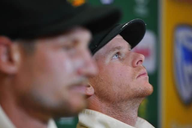 Captain Steven Smith and Cameron Bancroft, left, of Australia have admitted foul play. Photo: Ashley Vlotman/Gallo Images/Getty Images