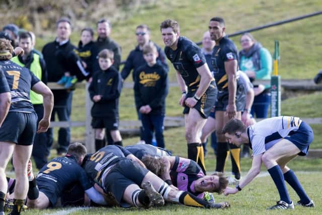 Ayr's Robin Hislop goes over for Ayr's first try. SNS/Bruce White