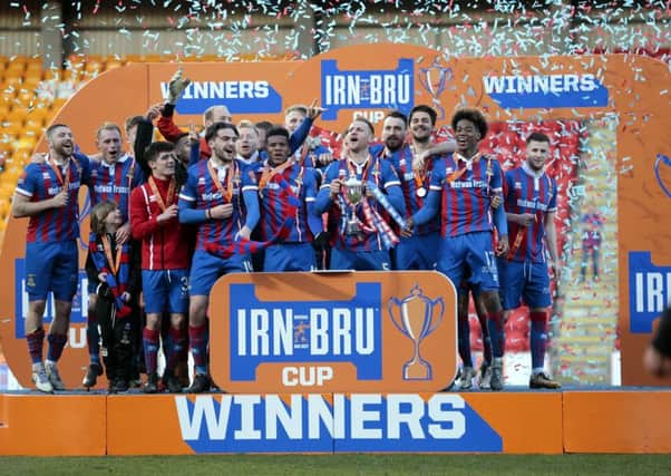 Inverness Caley Thistle  players celebrate their Irn Bru Cup final victory over Dumbarton. Picture: PA.