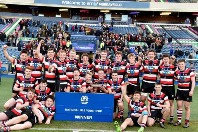 The Stirling County players celebrate after winning the National Youth Under-18 Cup at BT Murrayfield yesterday