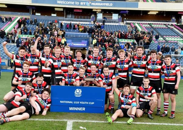 The Stirling County players celebrate after winning the National Youth Under-18 Cup at BT Murrayfield yesterday